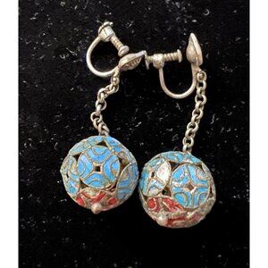 Vintage Chinese Export Enamel Filigree Ball Bell Earrings Silver Screw Back